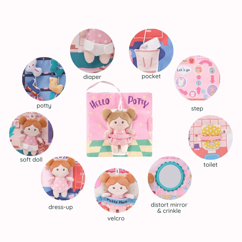 Hello Potty for Girls - Personalized Montessori Soft Book - Boutique Style Dress Up Doll
