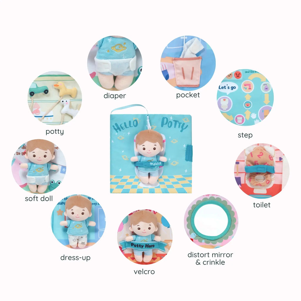 Hello Potty for Boys - Personalized Montessori Soft Book - Classic Doll Gift Set