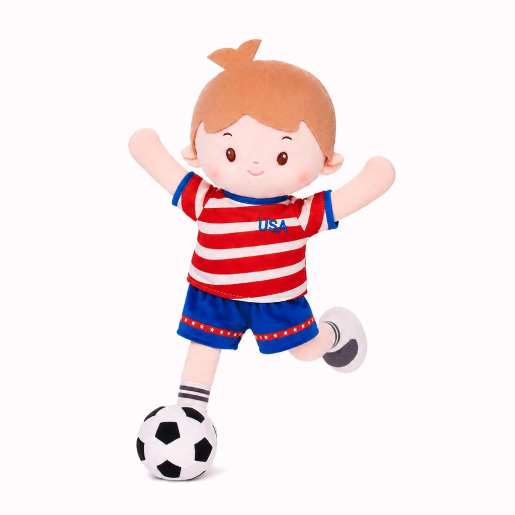 Personalized Soccer Boy - USA (2 Skin Tones) - Boutique Style Doll With Outfit